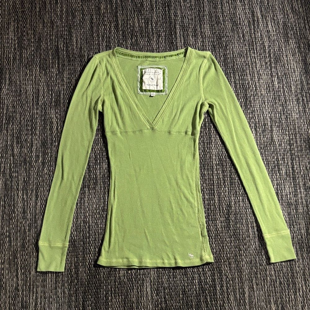 Vintage Y2K Abercrombie & Fitch Babydoll V Neck Long Sleeve Green Retro Size M